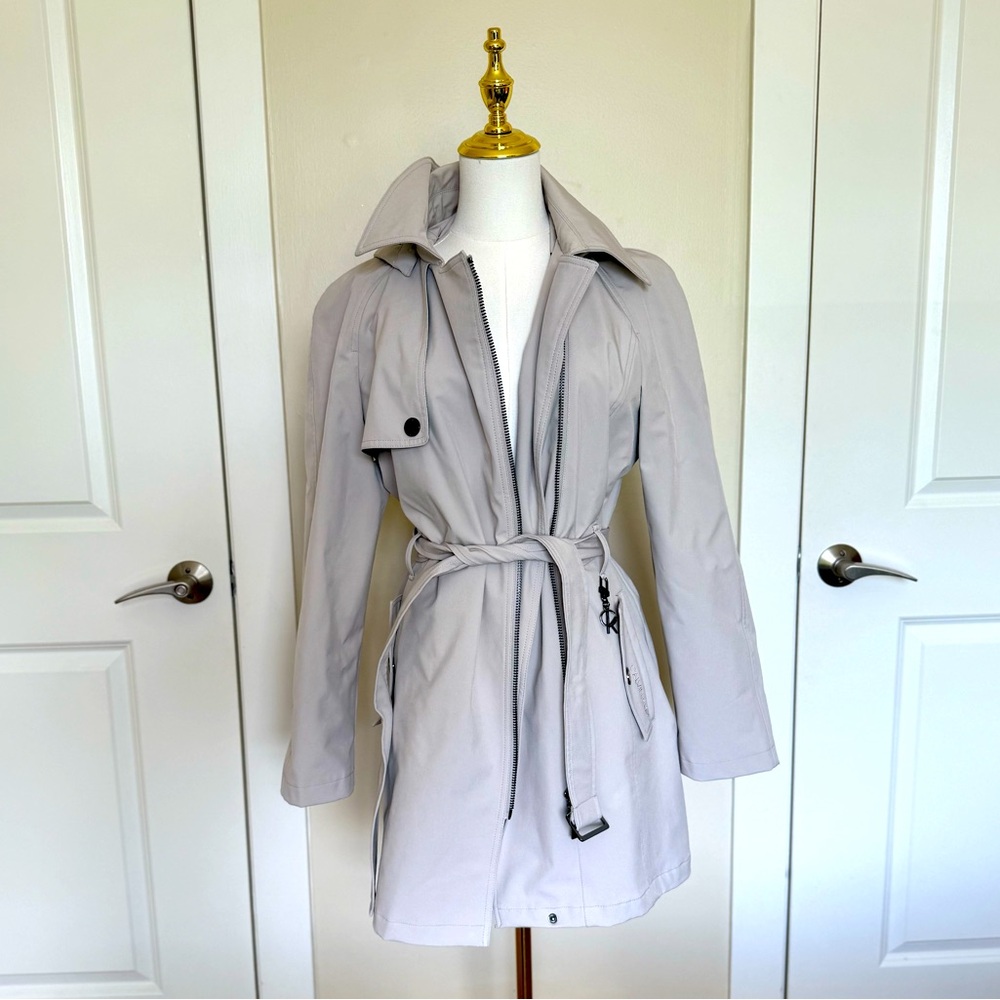 Stylish Women's Oyster Calvin Klein Hooded Trench Coat